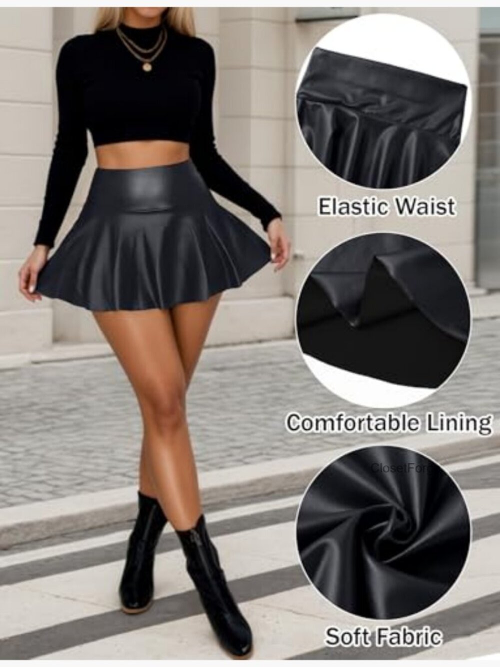 Faux Leather Mini Skirt High Waist Flared Hem Going Out Skater - Picture 5 of 5